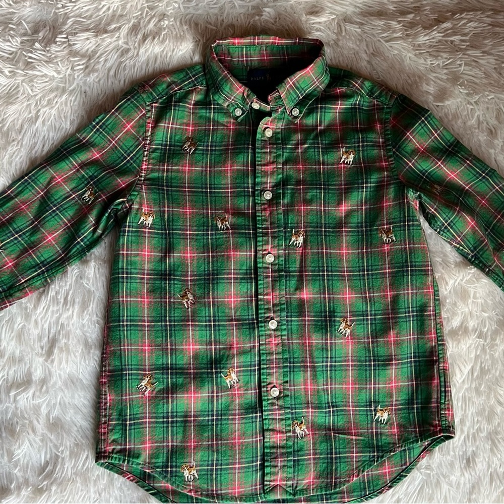 Ralph Lauren Boy's Green Plaid Dogs Button Up Shirt size 6